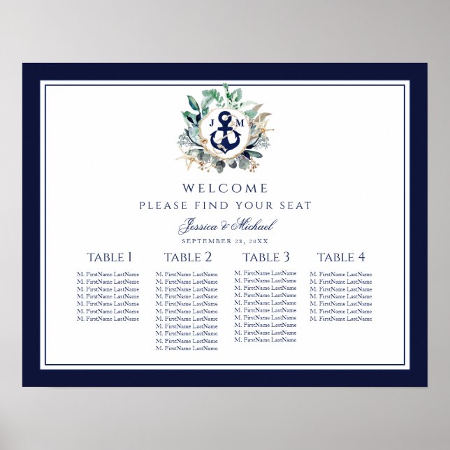 Wreath Anchor Monogram Wedding Small Seating Chart (Front)