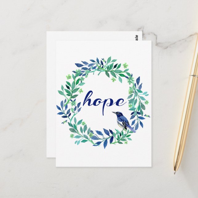 Wreath And Bird "Hope" Quote Postcard (Front/Back In Situ)