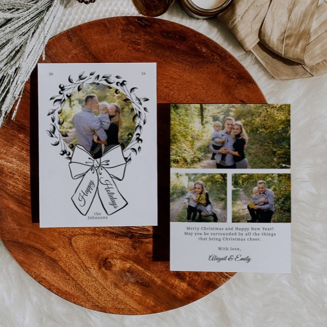 Wreath and Bow Circle Photo Frame Christmas Holiday Card (Creator Uploaded)