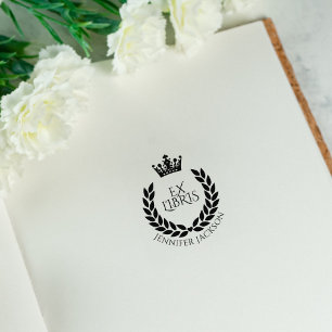 Wreath and Crown Ex Libris Library Book Rubber Stamp
