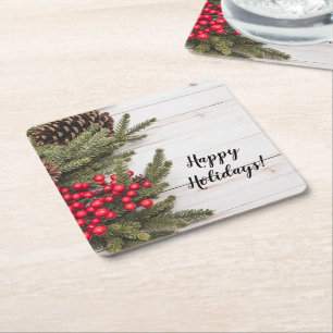 Wreath and Holly Holiday Collection Square Paper Coaster