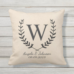 Wreath and Monogrammed Cotton Fabric Textured Outdoor Cushion