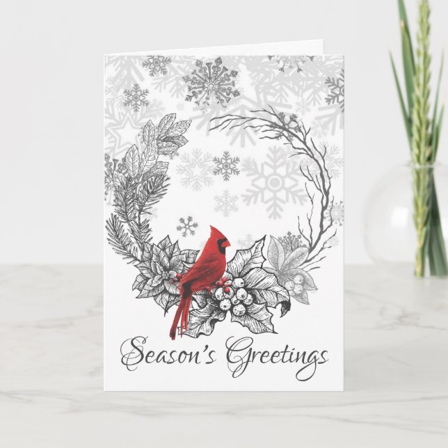 Wreath and Red Bird Season's Greetings Winter Holiday Card (Front)
