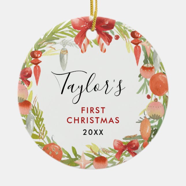 Wreath Baby's 1st Christmas | Cute Baby Photo Ceramic Ornament (Front)