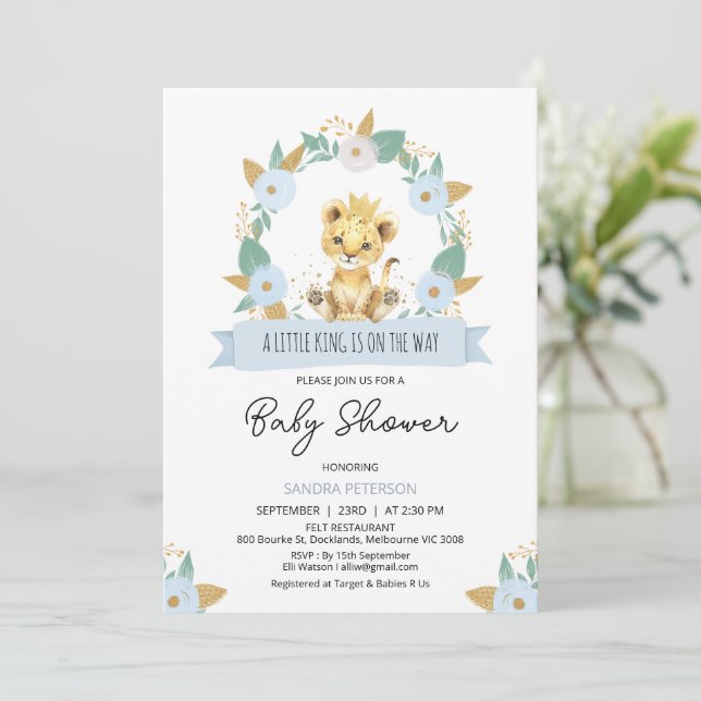 Wreath Blue Floral Baby Lion Baby Shower Invitation (Standing Front)