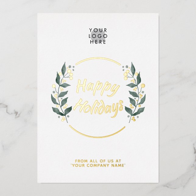 Wreath Business Happy Holidays Real Gold Foil Card (Front)