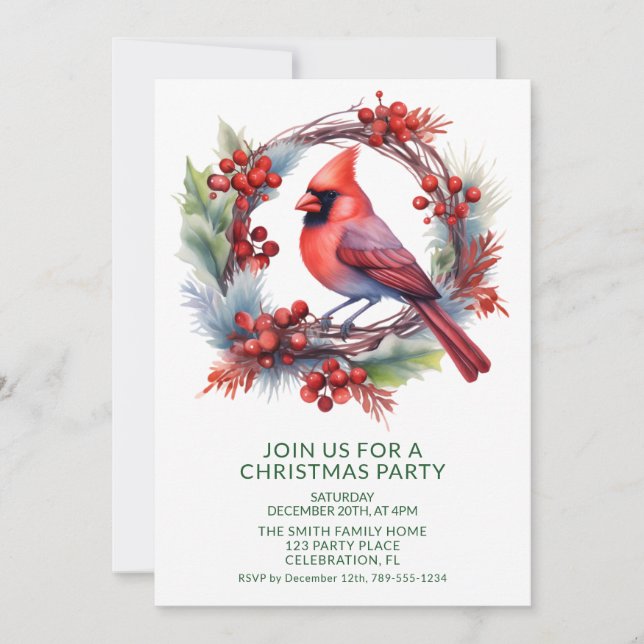 Wreath Cardinal with Green Font Party Invitation (Front)