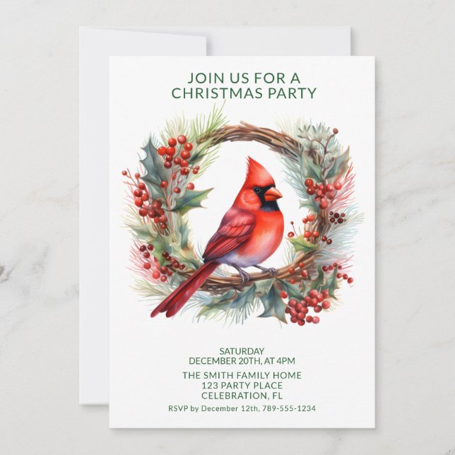 Wreath Cardinal with Green Font Party Invitation (Front)