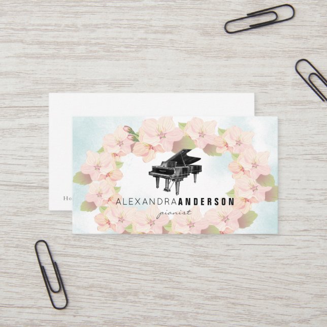 Wreath Cherry Blossoms Vintage Piano Business Card (Front/Back In Situ)