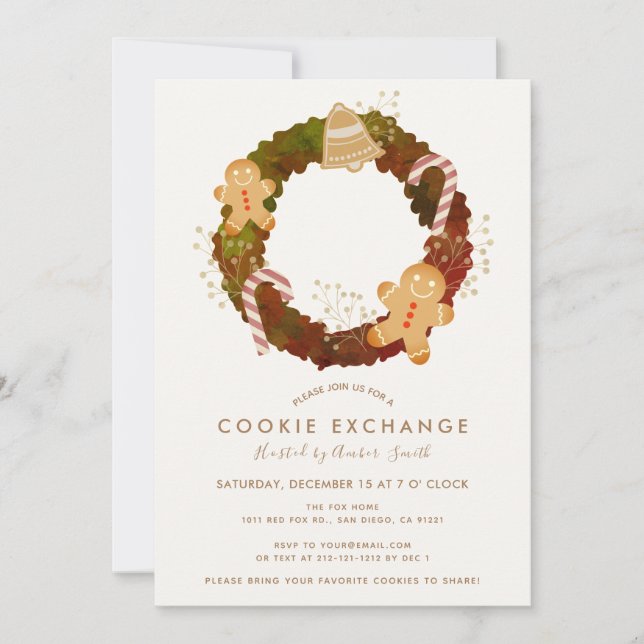 Wreath Christmas Cookie Exchange Party Invitation (Front)