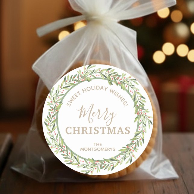 Wreath Christmas Homemade Holiday Baking Classic Round Sticker (Greenery and berries wreath Merry Christmas homemade holiday baking white stickers)