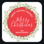 Wreath Christmas Homemade Holiday Baking Square Sticker<br><div class="desc">Beautiful "Sweet Holiday Wishes" stickers to label your Christmas holiday homemade goods,  cookies,  candy,  treats,  party favours and more featuring a winter greenery and berries wreath,  Merry Christmas and your name in chic lettering.</div>