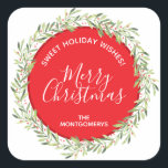 Wreath Christmas Homemade Holiday Baking Square Sticker<br><div class="desc">Beautiful "Sweet Holiday Wishes" stickers to label your Christmas holiday homemade goods,  cookies,  candy,  treats,  party favours and more featuring a winter greenery and berries wreath,  Merry Christmas and your name in chic lettering.</div>