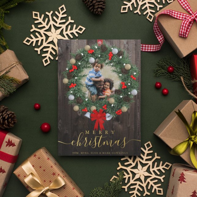 Wreath Custom Photo Merry Christmas Family Name Foil Holiday Card (Creator Uploaded)