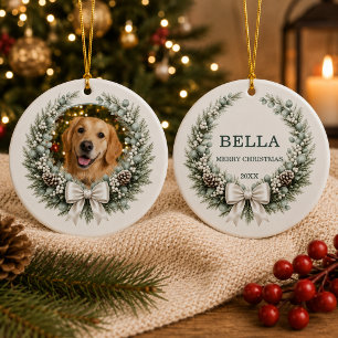 Wreath Dog Pet Christmas Bow Photo Ceramic Ornament