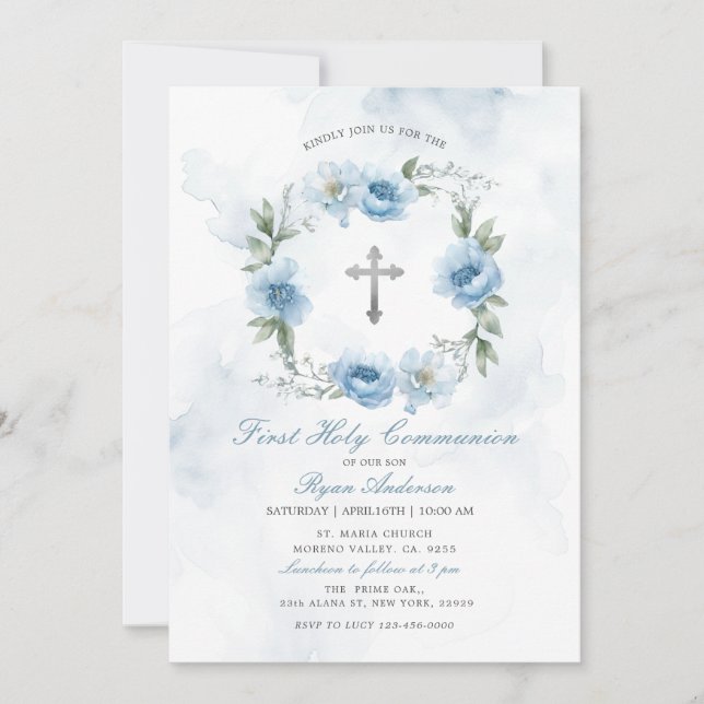Wreath Dusty Blue First Holy Communion  Invitation (Front)