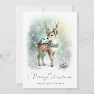 Wreath Fawn & Snowy Forest Whimsy Holiday Card