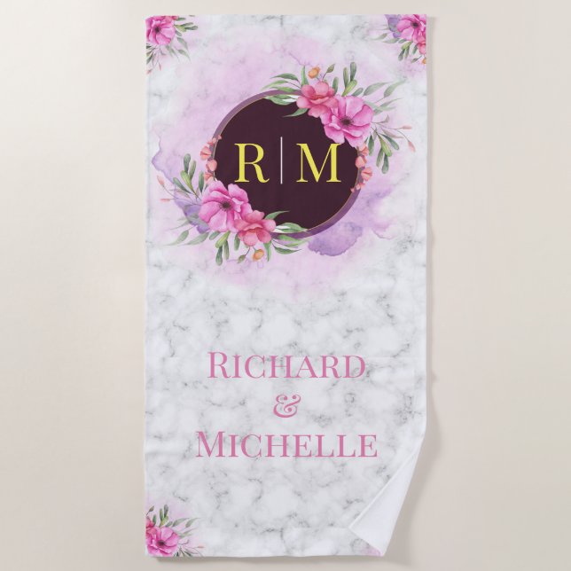 Wreath Floral Initial Letter Monogram Name Marble Beach Towel (Front)