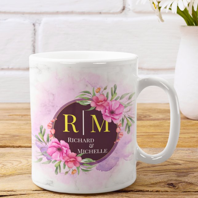 Wreath Floral Initial Letter Monogram Name Marble Coffee Mug (Creator Uploaded)