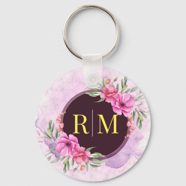 Wreath Floral Initial Letter Monogram Name Marble Key Ring (Front)