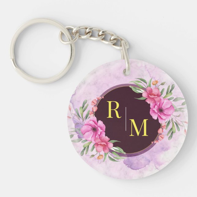 Wreath Floral Initial Letter Monogram Name Marble Key Ring (Front)