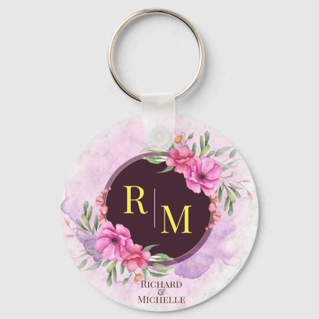Wreath Floral Initial Letter Monogram Name Marble Key Ring (Front)
