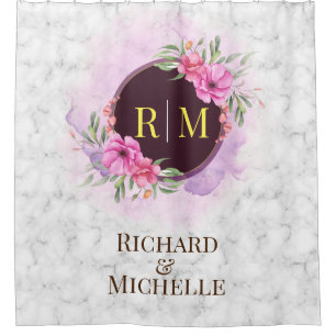 Wreath Floral Initial Letter Monogram Name Marble Shower Curtain