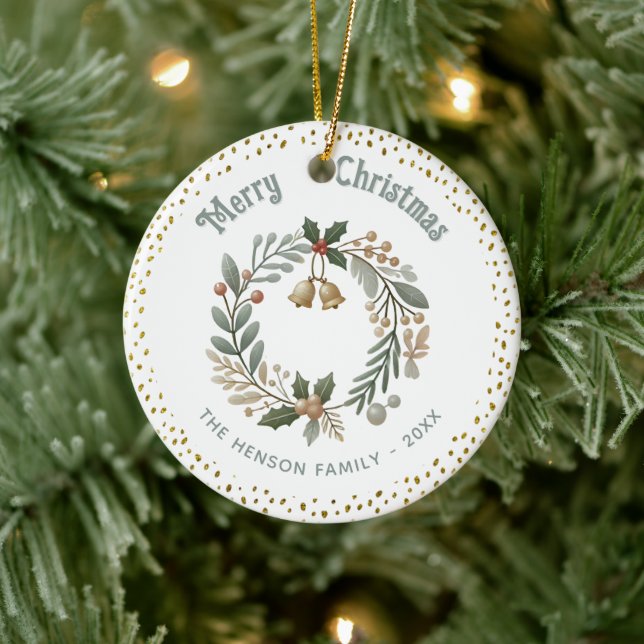 Wreath Foliage Gold Glitter Christmas Family Photo Ceramic Ornament (Tree)
