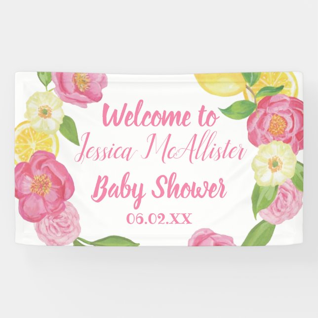 Wreath Girl  Pink Roses Yellow Lemon Baby Shower  Banner (Horizontal)