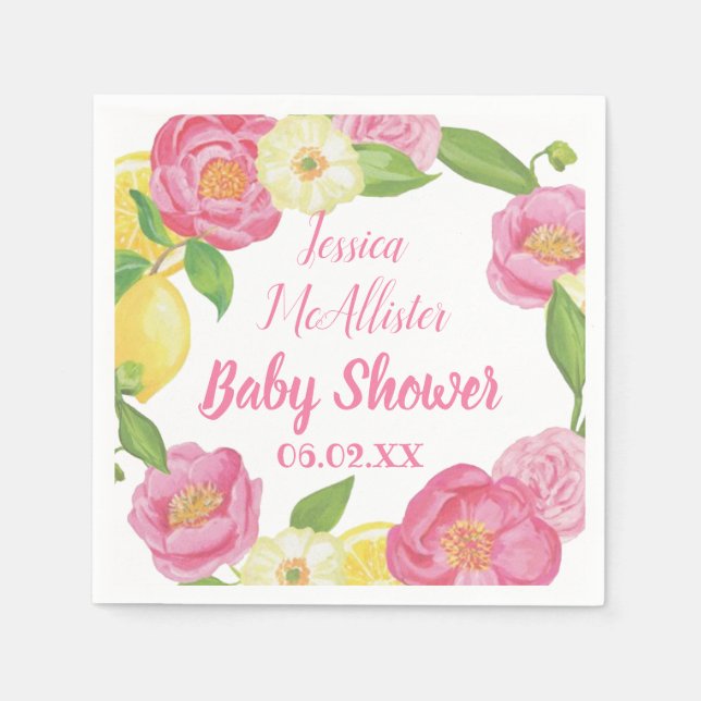 Wreath Girl  Pink Roses Yellow Lemon Baby Shower  Napkin (Front)