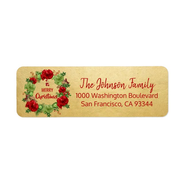 Wreath Gold Holiday Christmas Return Address Label (Front)