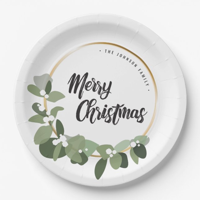 Wreath Green FAMILY Merry Christmas Holiday Paper Plate (Front)