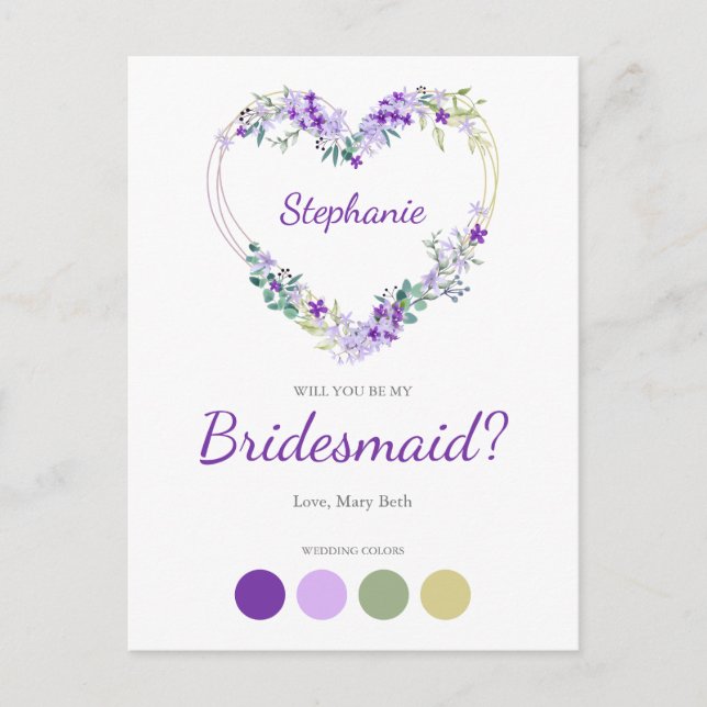 Wreath Heart in Purple Shades Bridesmaids Proposal Invitation Postcard (Front)