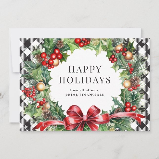 Wreath Holly Berries Black Plaid Business Holiday Card (Front)