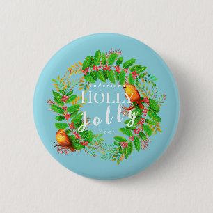 Wreath Holly Jolly Christmas Teal 6 Cm Round Badge