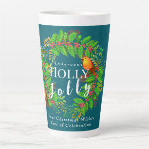 Wreath Holly Jolly Family Dark Teal Latte Mug