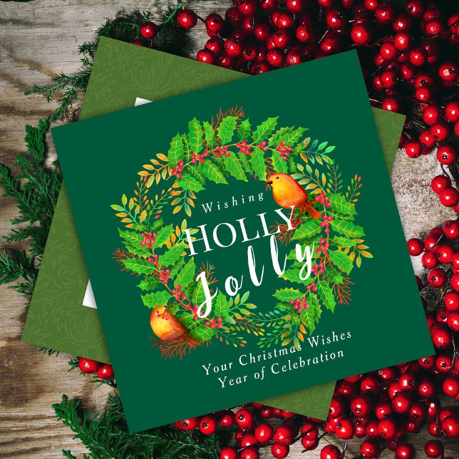 Wreath Holly Jolly Family Green Holiday Card (Wreath Holly Jolly with Robin Birds Design.)