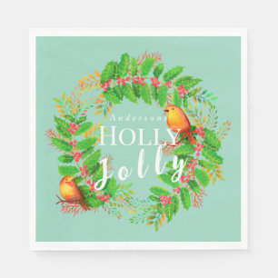 Wreath Holly Jolly Family Light Teal Napkin
