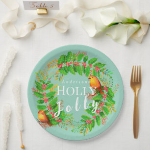 Wreath Holly Jolly Family Light Teal Paper Plate
