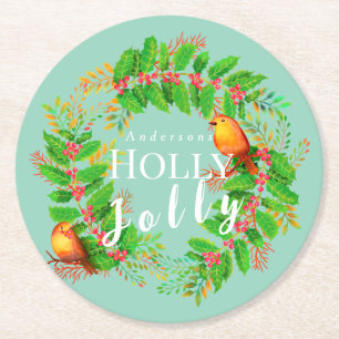 Wreath Holly Jolly Family Light Teal Round Paper Coaster
