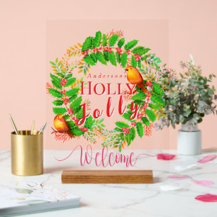 Wreath Holly Jolly Family White Acrylic Sign