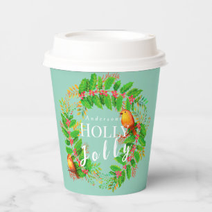 Wreath Holly Jolly Light Teal Paper Cups