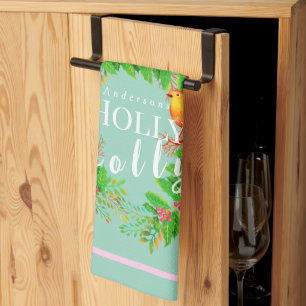 Wreath Holly Jolly Light Teal Tea Towel