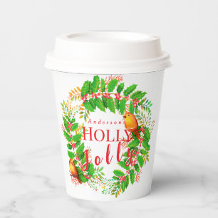 Wreath Holly Jolly White Paper Cups
