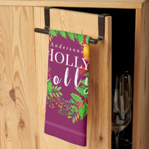 Wreath Holly Jolly Wine Tea Towel