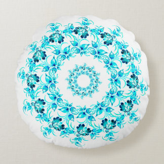 wreath made of turquoise flowers round cushion