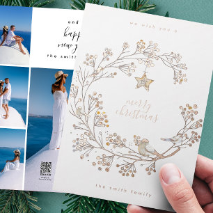 Wreath Merry Christmas Happy New Year Collage Rose Foil Holiday Card