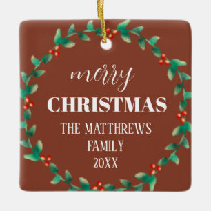 Wreath Merry Christmas Photo Name Terracotta  Ceramic Ornament