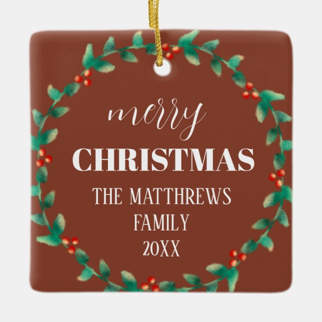 Wreath Merry Christmas Photo Name Terracotta  Ceramic Ornament (Front)