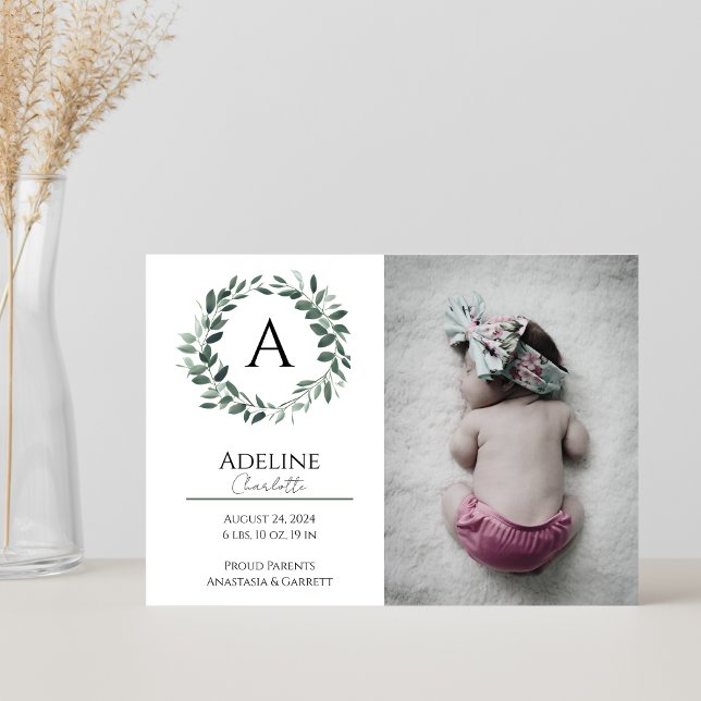 Wreath Monogram Baby Girl Birth Announcement Card (Creator Uploaded)